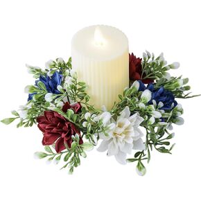 4th of July Candle Rings Artificial Flower Wreath Red Blue White Patriotic Candle Holder 9.84" Tables Centerpieces Home Farmhouse Decor for Independence Day Memorial Day