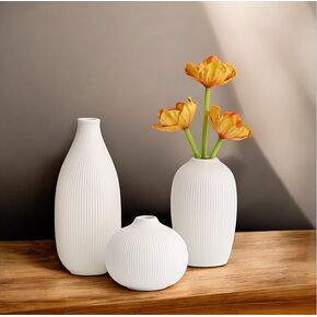 White Ceramic Vase Set of 3 - Small Modern Minimalist Ceramic Bud Vases for Home Decor - Boho Aesthetic Flower Vases for Desk, Shelf & Table, Mantle, Bookshelf (Cute & Versatile)