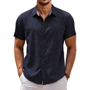 COOFANDY Mens Linen Shirt Casual Short Sleeve Button Down Shirts Summer Beach Vacation Tops