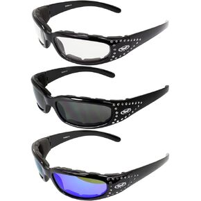 Global Vision 3 Pairs of Marilyn-3 Women's Ladies Padded Motorcycle Sunglasses Bling Black Studded Frames Clear Smoke & G-Tech Blue Mirror Lenses