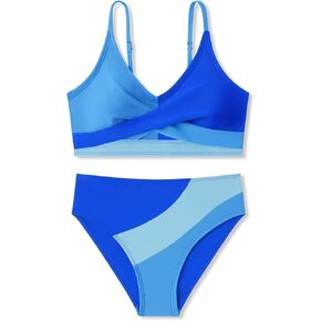 Girls Swimsuit V Neck Bikini Set Bathing Suits Color Block Two Piece Swimsuits Size 7-16 Years