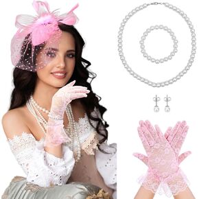 1920s Fascinators Hats for Women, Tea Party Lace Gloves Pearl Jewelry Set for Cocktail Wedding Halloween