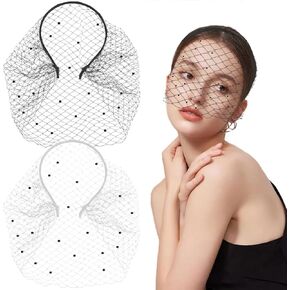 2 PCS Black Veil Headband Mesh White Crystal Veil Vintage Lace 1920s Headpiece Fashion Fascinator Birdcage Hair Accessories for Women Bridal Wedding Tea Party Hairstyle Decoration （Black, White）