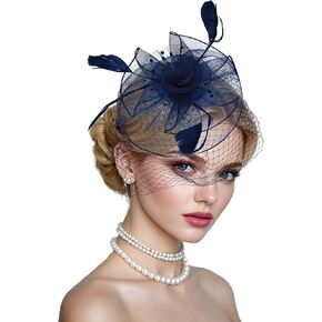 Womens Fascinators Hat Fascinators Headband with Feather Mesh, Tea Party Hat for Women Wedding Cocktail Bridal Showers,Indigo