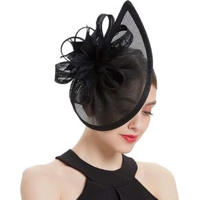 Sinamay Fascinator Hat with Top Flower, Women Feather Headwear for Church Wedding Derby Cocktail Tea Party
