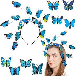 Butterfly Headband Headpiece, Butterfly Fascinator Hats with 8 Clips for Hair, Monarch Butterflies Crown Tea Party Hats for Women Girls Halloween Costume(Blue)