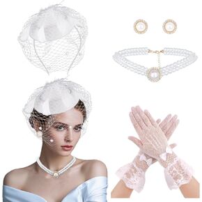 الخمسينيات من القرن الماضي قبعات للنساء 4pcs derby hat قبعات شاي الحفلات قبعات رئيس الرأس مع مجموعة من المجوهرات لؤلؤة الدانتيل