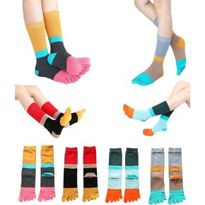 4 Pairs Cotton Five Finger Socks Split Tabi Toe Socks Calf High Athletic Casual Color Block Seperated Socks for Women Girls