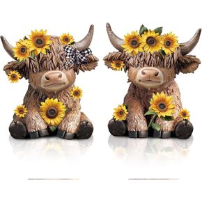 Wesiti 2 Pcs Highland Cow Figurines Spring Sunflower Highland Cow Gnomes Scottish Resin Statue Calf Lovers Gifts for Summer Home Garden Kitchen Office Tiered Tray Table Decor(Sunflower)