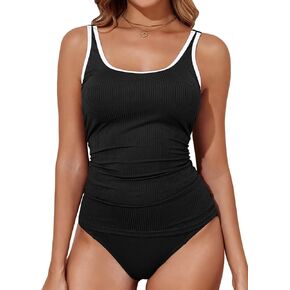 Aleumdr Tankini Swimsuit for Women 2 Piece Tummy Control Bathing Suit Athletic Color Block Swim Tank Top and Shorts