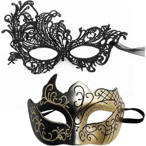 Masquerade Masks for Couples, Venetian Metal Filigree Mask and Roman Greek Style Mask, Halloween Party, Mardi Gras Costume Party Prom Ball Cosplay(Black-Golden)