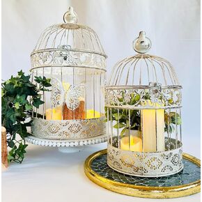 Set of 2 White Metal Birdcage Lanterns – Vintage Decorative Accessory, Candle Or Wedding Card Holder, Elegant Centerpiece for Home Decor, Parties, Indoor/Outdoor Events Shabby Chic Farmhouse Style
