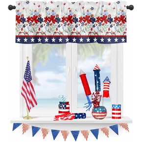 4th of July Valance for Windows Red Blue Poppy Floral Curtains Valances Patriotic Stars Stripes Valance Window Treatments Independence Day Short Curtains for Kitchen Living Room Holiday 54x18