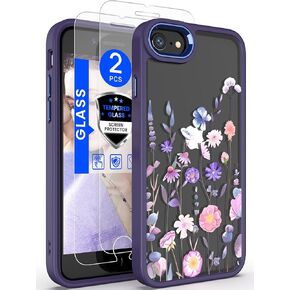 Dretal for iPhone SE 2022/2020 Case,iPhone 8/7 Case,with Tempered Glass Screen Protector [Military Grade Drop Tested] Hard Back & Soft Edge Slim Flower Women Girls Phone Protective Cover (Purple)