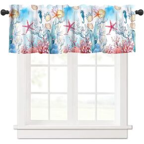 Vintage Seashell Starfish Window Valance Curtain, Retro Nautical Undersea Beach Coastal Sea Coral Window Treatment Valances for Kitchen Living Room Café Décor 54'x18', 1 Panel