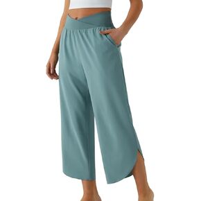 Wide Leg Pants for Women Crossover High Waisted Casual Yoga Pant Pockets Lounge Split Quick Dry Beach Travel Vacation Bottoms