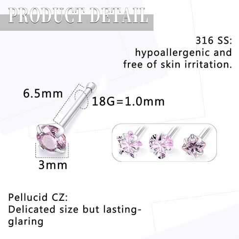 18G 20G Nose Rings Studs Piercing Jewelry For Women Men 316L Surgical Steel Round Square Heart Star Cubic Zirconia Nose Rings Studs Nostrial Piercing Jewelry For Women Men Clear Pink CZ 3mm in Saudi Arabia
