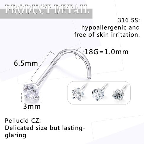 18G 20G Nose Rings Studs Piercing Jewelry For Women Men 316L Surgical Steel Round Square Heart Star Cubic Zirconia Nose Rings Studs Nostrial Piercing Jewelry For Women Men Clear Pink CZ 3mm in Saudi Arabia