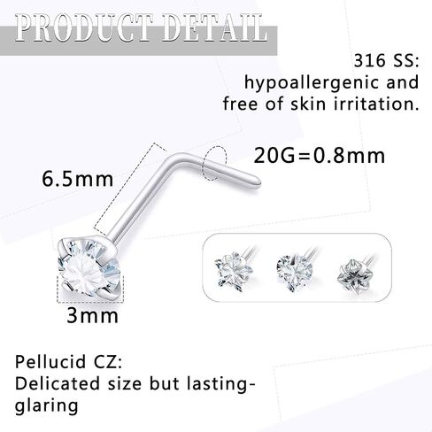 18G 20G Nose Rings Studs Piercing Jewelry For Women Men 316L Surgical Steel Round Square Heart Star Cubic Zirconia Nose Rings Studs Nostrial Piercing Jewelry For Women Men Clear Pink CZ 3mm in Saudi Arabia