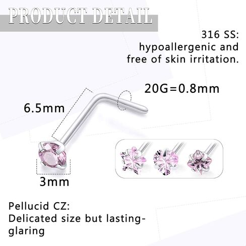 18G 20G Nose Rings Studs Piercing Jewelry For Women Men 316L Surgical Steel Round Square Heart Star Cubic Zirconia Nose Rings Studs Nostrial Piercing Jewelry For Women Men Clear Pink CZ 3mm in Saudi Arabia