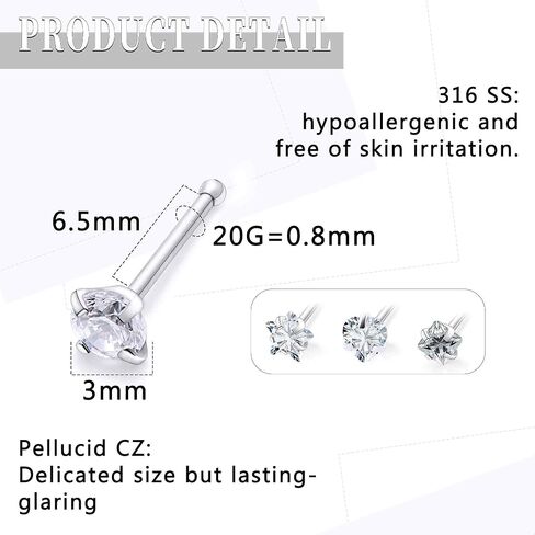 18G 20G Nose Rings Studs Piercing Jewelry For Women Men 316L Surgical Steel Round Square Heart Star Cubic Zirconia Nose Rings Studs Nostrial Piercing Jewelry For Women Men Clear Pink CZ 3mm in Saudi Arabia