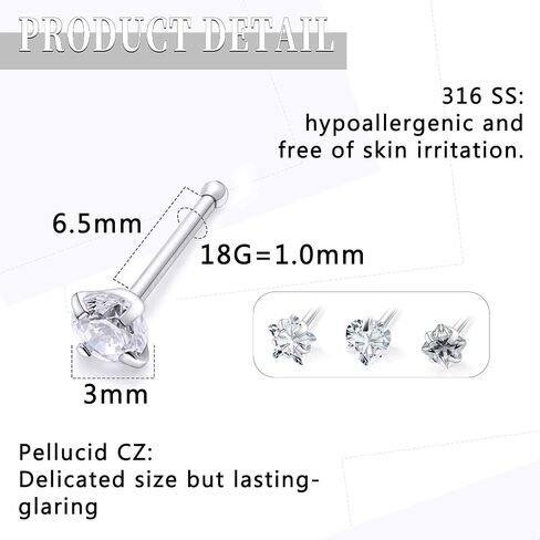 18G 20G Nose Rings Studs Piercing Jewelry For Women Men 316L Surgical Steel Round Square Heart Star Cubic Zirconia Nose Rings Studs Nostrial Piercing Jewelry For Women Men Clear Pink CZ 3mm in Saudi Arabia