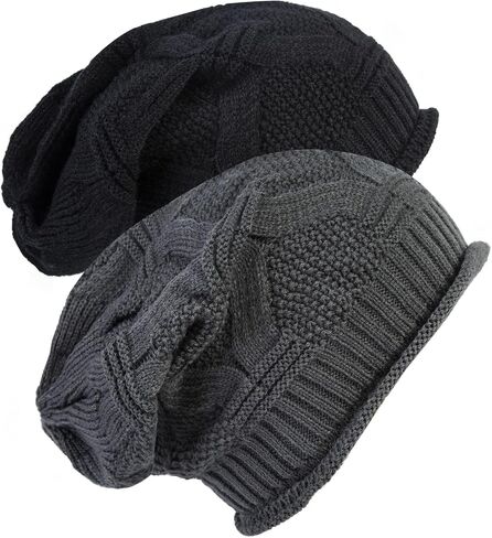 Senker Fashion 2 Pack Winter Slouchy beanie للنساء ، بيني متماسكة الصوف الدافئ المبطن هدايا كاب جمجمة كبيرة الحجم in Kuwait