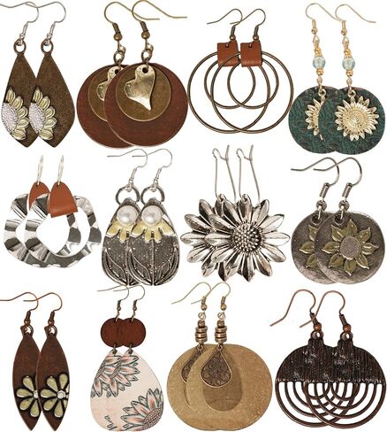 12Pairs Boho Earrings for Women Hanging Trendy Big Vintage Bohemia Bohemian Country Colorful Style Dangle Dangly Dangling Hippie Lightweight Large Fashion Style Hypoallergenic Earring Bulk Ladies Costume Jewelry Set in Saudi Arabia