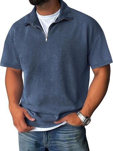 Men's Zipper Polo Shirts Short Sleeve Distressed Washed Cotton T Shirt Solid Casual Summer Tee Tops in Kuwait