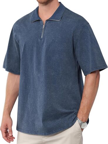 Men's Zipper Polo Shirts Short Sleeve Distressed Washed Cotton T Shirt Solid Casual Summer Tee Tops in Kuwait