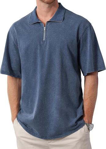 Men's Zipper Polo Shirts Short Sleeve Distressed Washed Cotton T Shirt Solid Casual Summer Tee Tops in Kuwait