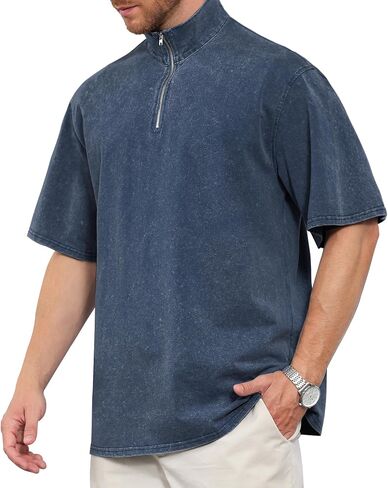 Men's Zipper Polo Shirts Short Sleeve Distressed Washed Cotton T Shirt Solid Casual Summer Tee Tops in Kuwait