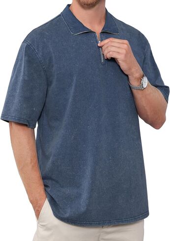 Men's Zipper Polo Shirts Short Sleeve Distressed Washed Cotton T Shirt Solid Casual Summer Tee Tops in Kuwait