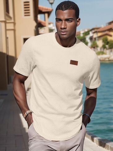 Uoua Men's Crewneck Sweatshirts Soild Color Texture Terts Tirts Shirt Sleeve Discual Pullover Shirt in Kuwait
