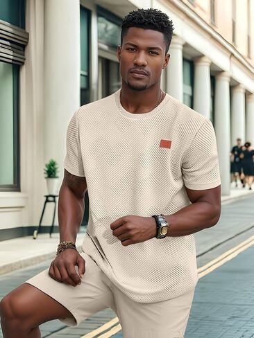 Uoua Men's Crewneck Sweatshirts Soild Color Texture Terts Tirts Shirt Sleeve Discual Pullover Shirt in Kuwait