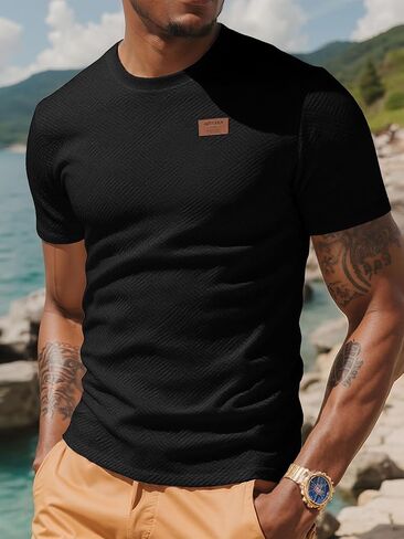 Uoua Men's Crewneck Sweatshirts Soild Color Texture Terts Tirts Shirt Sleeve Discual Pullover Shirt in Kuwait