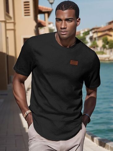Uoua Men's Crewneck Sweatshirts Soild Color Texture Terts Tirts Shirt Sleeve Discual Pullover Shirt in Kuwait