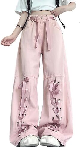 Harajuku Y2K Kawaii Gothic Vintage Casual Style High Waisted Straight Wide Leg Ribbons Trim Pink Denim Pants in Saudi Arabia
