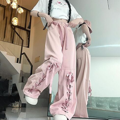 Harajuku Y2K Kawaii Gothic Vintage Casual Style High Waisted Straight Wide Leg Ribbons Trim Pink Denim Pants in Saudi Arabia