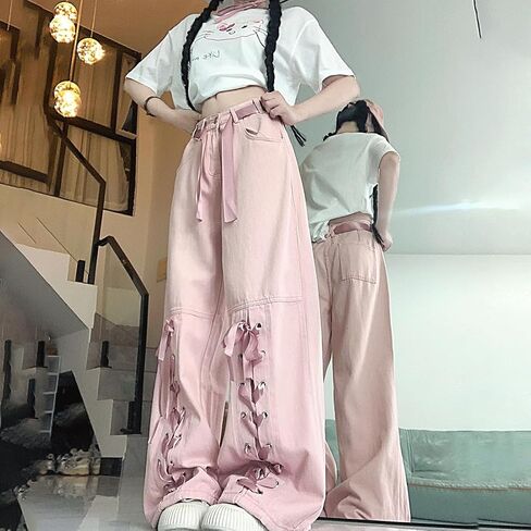 Harajuku Y2K Kawaii Gothic Vintage Casual Style High Waisted Straight Wide Leg Ribbons Trim Pink Denim Pants in Saudi Arabia