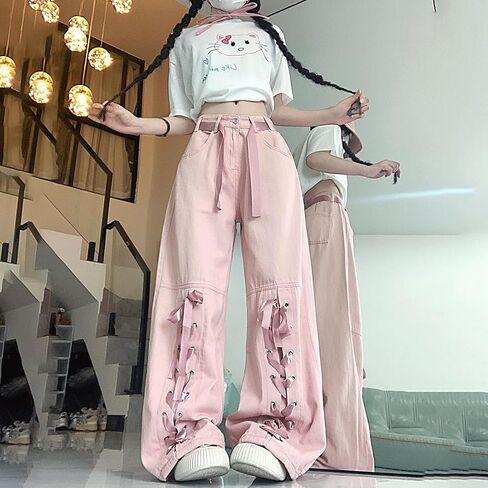 Harajuku Y2K Kawaii Gothic Vintage Casual Style High Waisted Straight Wide Leg Ribbons Trim Pink Denim Pants in Saudi Arabia
