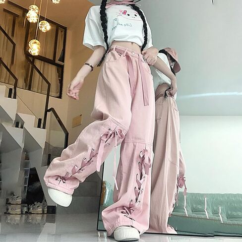 Harajuku Y2K Kawaii Gothic Vintage Casual Style High Waisted Straight Wide Leg Ribbons Trim Pink Denim Pants in Saudi Arabia