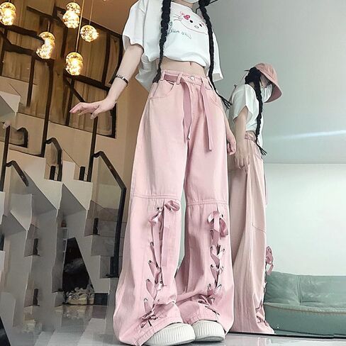 Harajuku Y2K Kawaii Gothic Vintage Casual Style High Waisted Straight Wide Leg Ribbons Trim Pink Denim Pants in Saudi Arabia