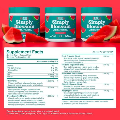 Blossom Nutrition Daily Greens & Superfood Powder + Collagen + Probiotics for Women's Digestive Health & Bloating Relief. Help Your Health Bloom - 30 Day Supply - Watermelon in Saudi Arabia