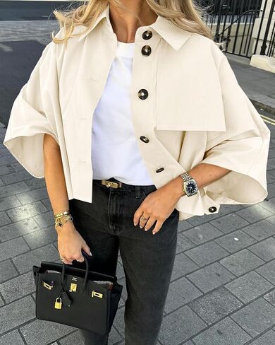 Cicy Bell Womens كبير الحجم معاطف الخندق المزروعة منفردة الصدر 3/4 Cape Sleeve عصري السترات غير الرسمية الزر لأعلى الملابس الخارجية in Kuwait