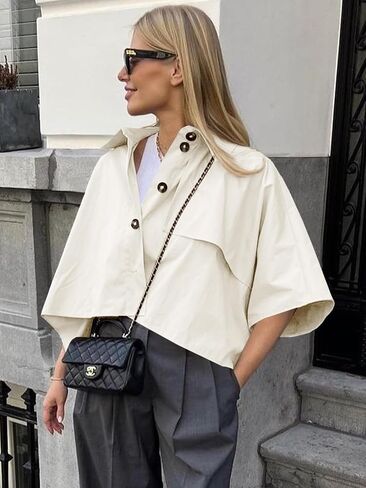 Cicy Bell Womens كبير الحجم معاطف الخندق المزروعة منفردة الصدر 3/4 Cape Sleeve عصري السترات غير الرسمية الزر لأعلى الملابس الخارجية in Kuwait