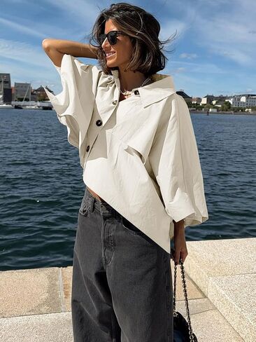 Cicy Bell Womens كبير الحجم معاطف الخندق المزروعة منفردة الصدر 3/4 Cape Sleeve عصري السترات غير الرسمية الزر لأعلى الملابس الخارجية in Kuwait