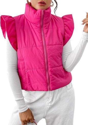 Ruffle Sleeve Cropped Puffer Vest Zip Up Sleeveless Padded Outwear Warm Stand Collar Coats Cutecore Aesthetic Clothes in Saudi Arabia