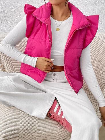 Ruffle Sleeve Cropped Puffer Vest Zip Up Sleeveless Padded Outwear Warm Stand Collar Coats Cutecore Aesthetic Clothes in Saudi Arabia