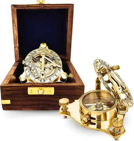 Brass Compass Unique Sundial Engraved Compass With Leather Case Antique Brass Compass With Chain A Great Gift Item For Your Loved Ones Hikers And Traveler By in Kuwait